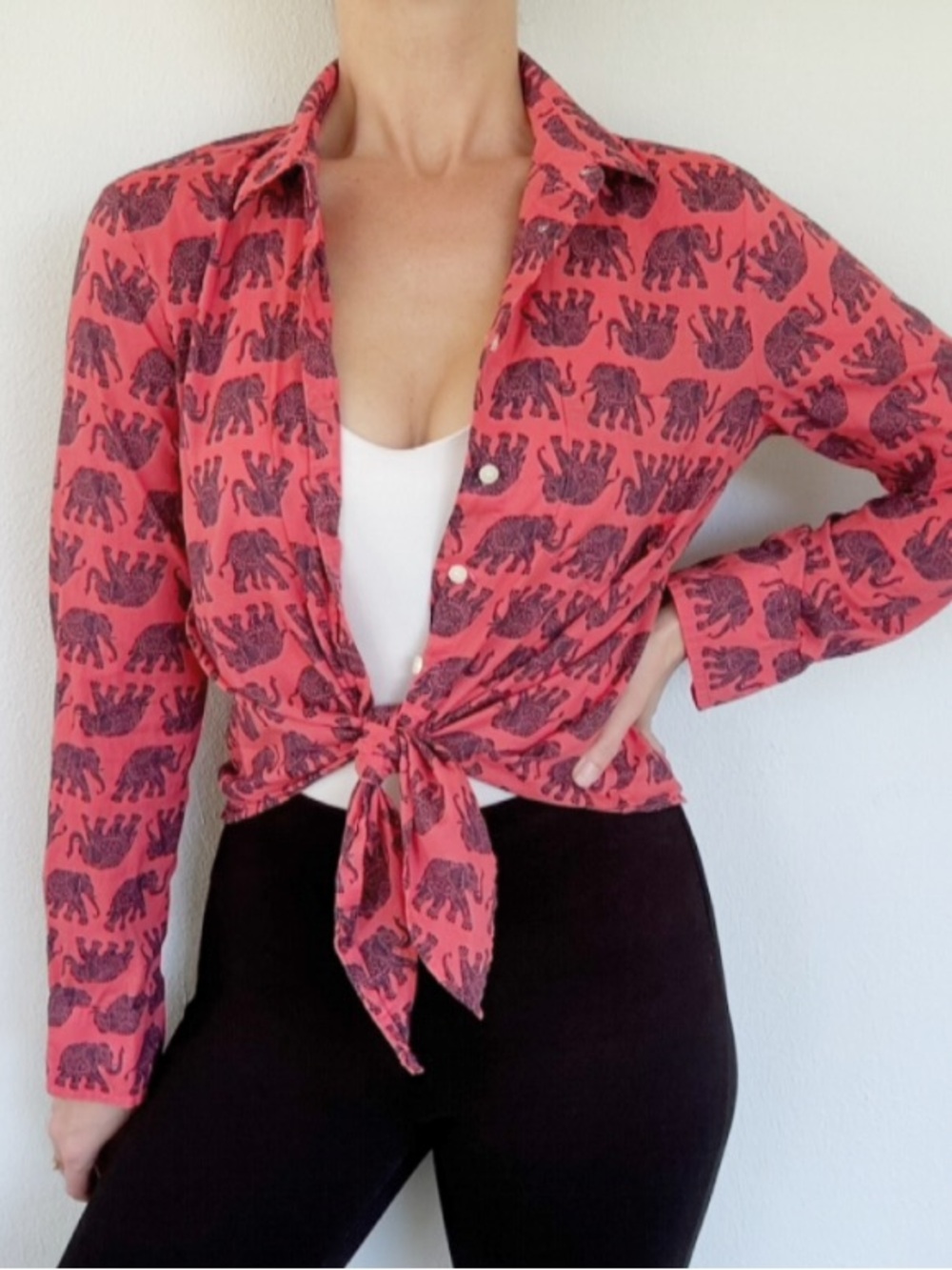 J. Crew coral pink navy blue tribal elephant print tie front button down small